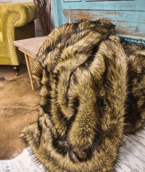 Long haired tri-coloured brown faux fur throw