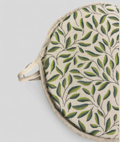 Green and beige round seat pads with a modern two-tone green leaf design