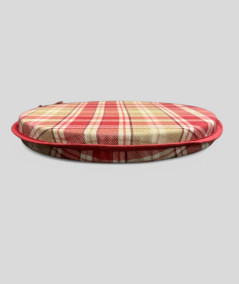 Red and beige round tartan seat cushions