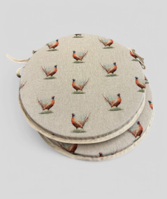 Extra thick linen style round chair pads in a small pheasant design on a beige base