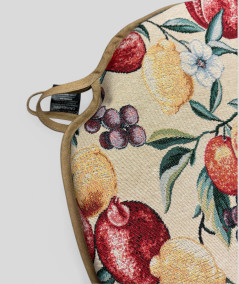 Spindle shaped seat pads with a multicoloured fruit design on a beige base