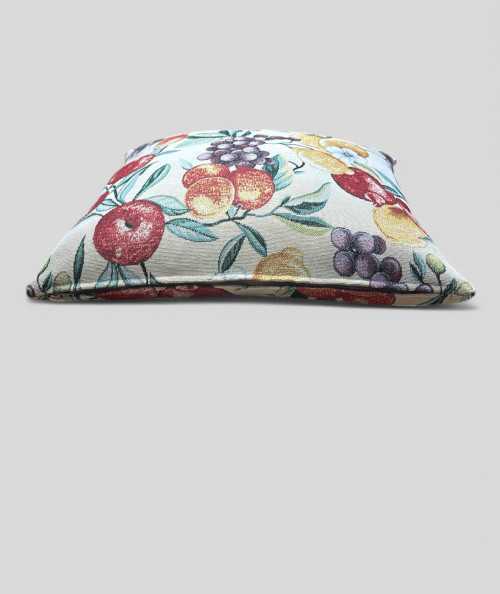 Square scatter cushions in a hardwearing tapestry type fabric with a multicoloured fruit design on a beige base