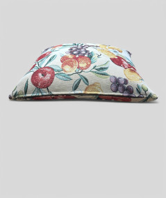 Square scatter cushions in a hardwearing tapestry type fabric with a multicoloured fruit design on a beige base