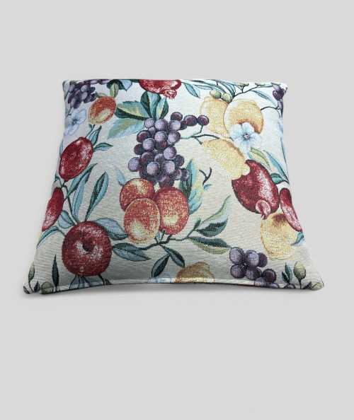 Square sofa cushions in a hardwearing tapestry type fabric with a multicoloured fruit design on a beige base