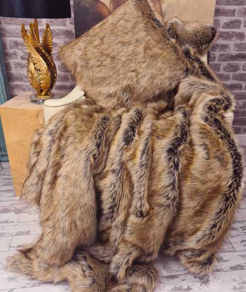 Luxury long-haired brown and beige faux fur throw