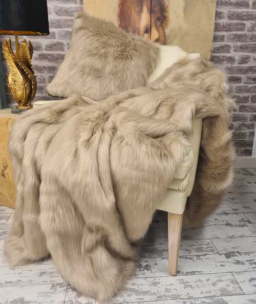 Luxury long-haired plain oatmeal coloured faux fur throw