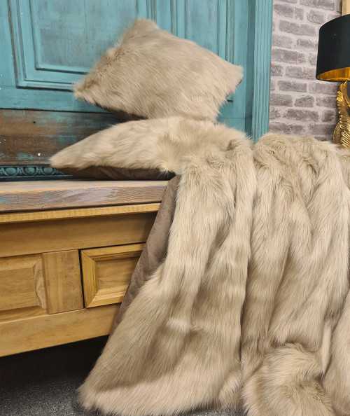 Luxury long-haired plain oatmeal coloured faux fur bedspread
