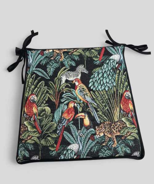 Multi-coloured tapered seat pads in a modern jungle design on a black base