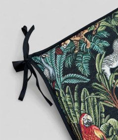 Multi-coloured tapered seat pads in a modern rainforest design on a black base