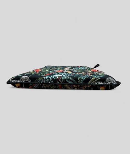 Multi-coloured tapered seat pads in a modern jungle design on a black tapestry fabric base