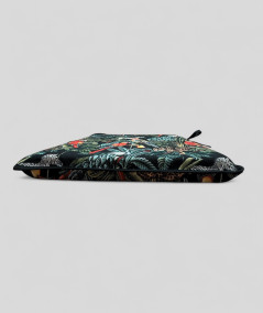 Multi-coloured tapered seat pads in a modern jungle design on a black tapestry fabric base