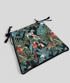 Multi-coloured tapered seat pads in a modern rainforest design on a black tapestry fabric base