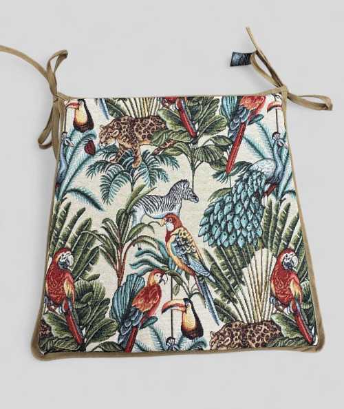 Multi-coloured tapered seat pads in a modern rainforest design on a beige tapestry fabric base