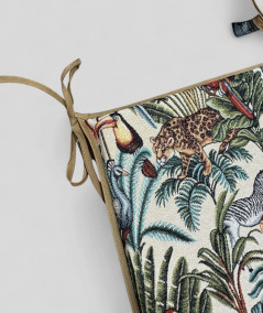Multi-coloured tapered seat pads in a modern jungle design on a beige tapestry fabric base