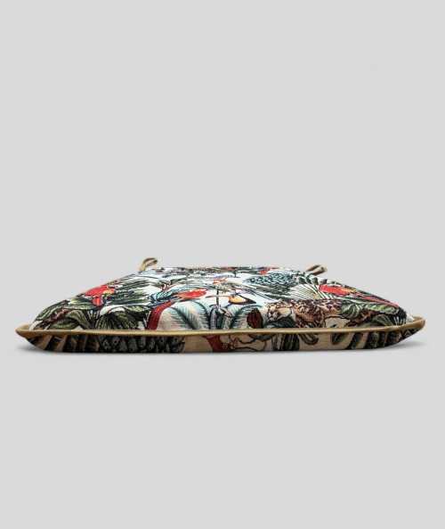 Extra thick tapered seat pads in a modern rainforest design on a beige tapestry fabric base