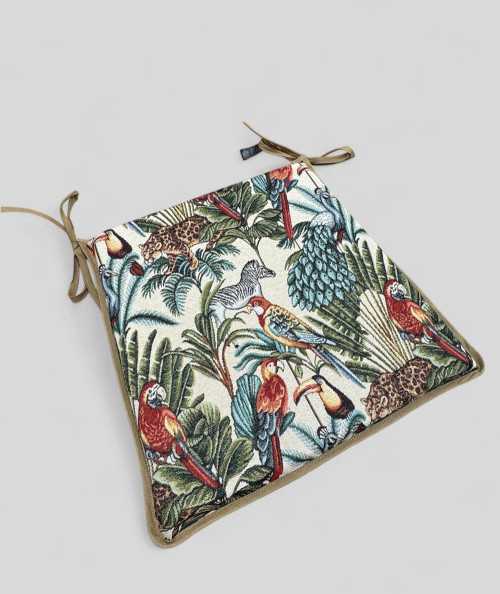 Extra thick tapered seat pads in a modern jungle design on a beige tapestry fabric base