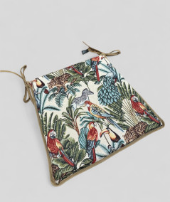 Extra thick tapered seat pads in a modern jungle design on a beige tapestry fabric base