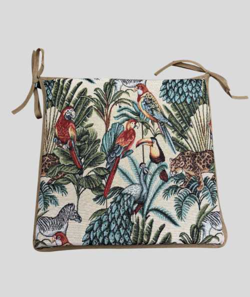 Multi-coloured square chair pads with a modern rainforest design on a warm beige tapestry base