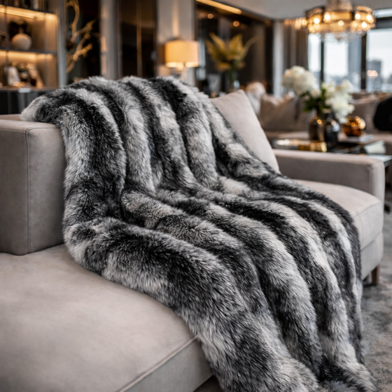 Black Striped Faux Fur Blanket | Ashford Black Faux Fur Throw