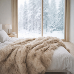 Camel Faux Fur Throw | Beige Faux Fur Bedspread | Long Haired Fur Throw