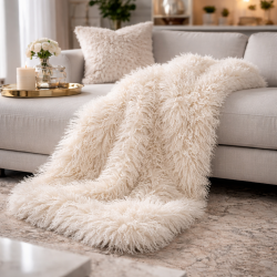 Angora-Felldecke | Kunstschaffell-Wurfdecke | Cremefarbene Felldecke