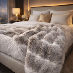 Beige Striped Faux Fur Throw | Caribou Stripe Fur Blanket | Luxury Fur Throws