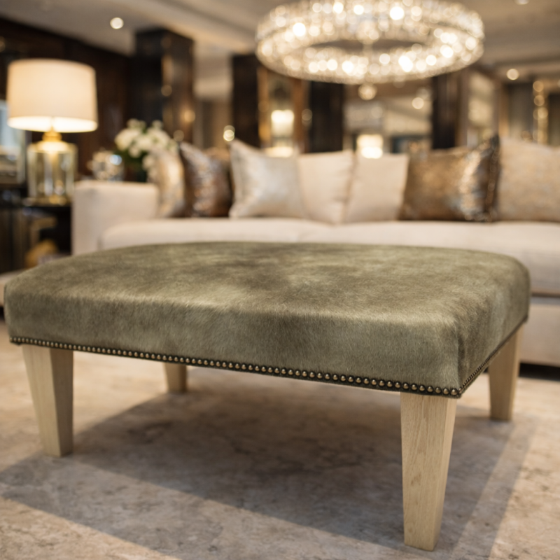 Large Beige/Gold Mottled Cowhide Footstool | Real Cow Hide Ottoman