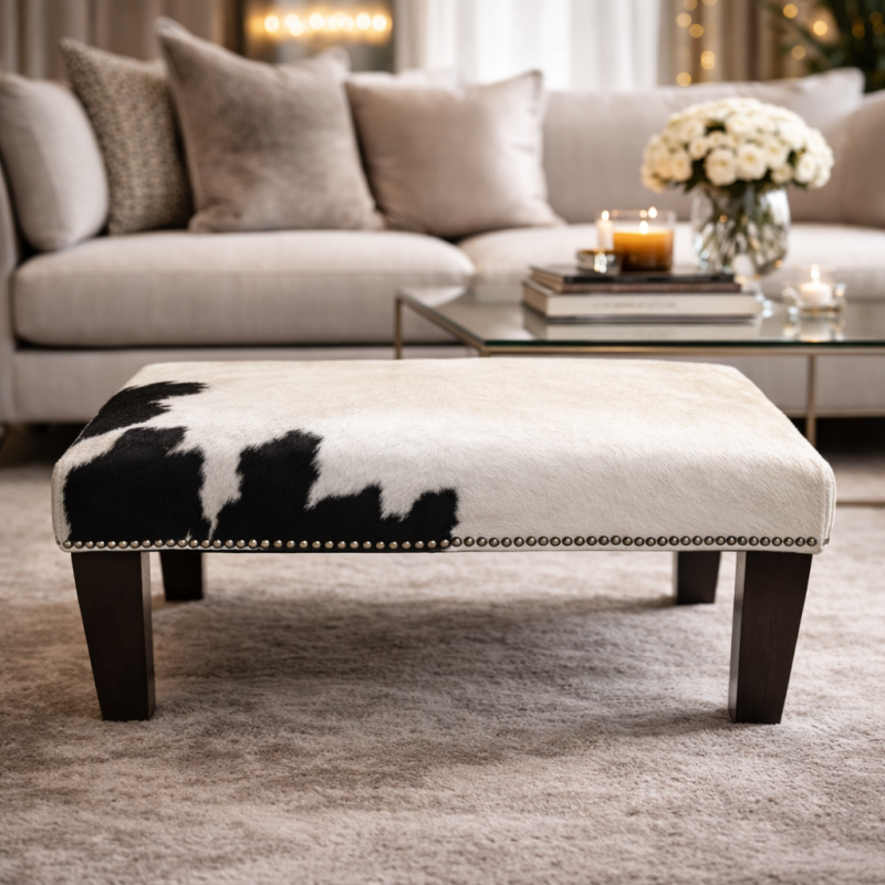 Small Cream and Black Cowhide Footstool | Small Cow Skin Footrest