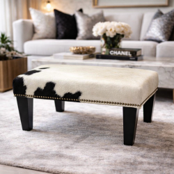 Small Cream and Black Cowhide Footstool | Small Cow Skin Footrest