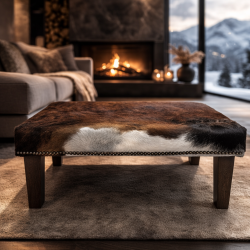 Large Brown Footstool with White Patch | Brown Cow Hide Footrest