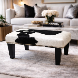 Small Black and White Cowhide Footstool | Small Cow Skin Foot Stool