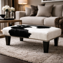 Small Black and White Cowhide Footstool | Small Cow Skin Foot Stool