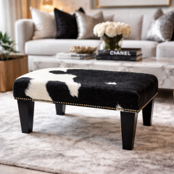 Small Black and White Cowhide Footstool | Small Cow Hide Foot Stool