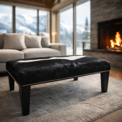 Extra Large Black & White Footstool | Rectangular Cow Hide Foot Stool