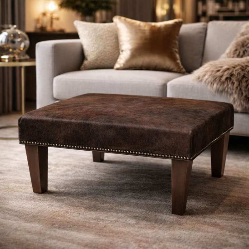 Tabouret en cuir de vachette marron bringé | Véritable pouf en cuir de vachette marron