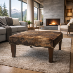 Medium Sized Cowhide Footstool | Brown Leather Hide Square Foot Stool