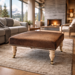 Plain dark brown cowhide footstool | Genuine brown cowhide ottoman