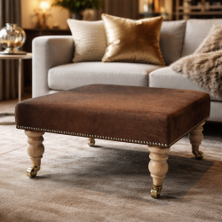 Plain dark brown cowhide footstool | Genuine brown cowhide ottoman