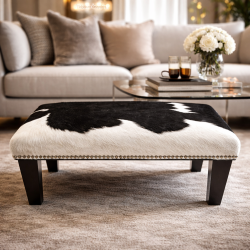 Small Black and White Cowhide Footstool | Small Cow Hide Foot Stool