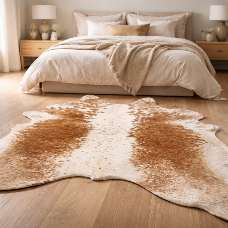 Tapis en peau de vache beige et blanc cassé | Très grand tapis en peau à poils