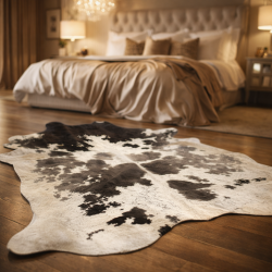 Tapis extra large en peau de vache noire, grise et blanche | Tapis en peau à poils extra large