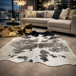 Tapis extra large en peau de vache noire, grise et blanche | Tapis en peau à poils extra large
