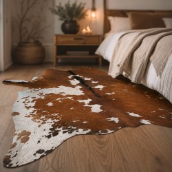 Großer braun-weißer Kuhfell-Teppich | Braun-weiße Kuhhaut | Braunes Haar auf Fell