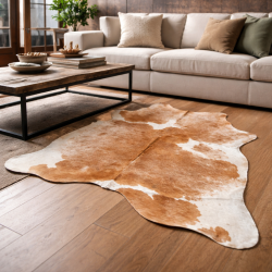 Large Tan & White Cowhide Rug | Tan & White Cowskin | Tan Hair on Hide