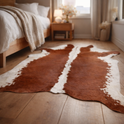Grande peau de vache marron clair et blanche | Tapis en peau de vache rouge, marron et blanche |