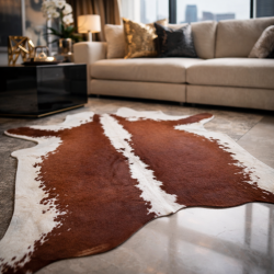 Grande peau de vache marron clair et blanche | Tapis en peau de vache rouge, marron et blanche |