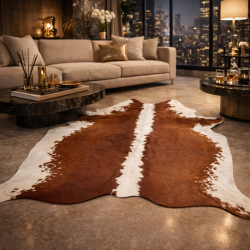 Grande peau de vache marron clair et blanche | Tapis en peau de vache rouge, marron et blanche |