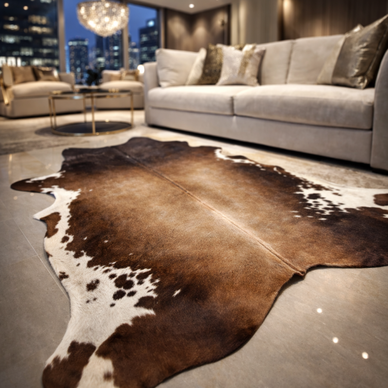 Large Natural Cowhide | Brown & White Cow Hide Rug| Brown Hair on Hide