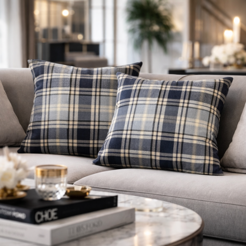 Highland-Karo-Denim-Kissen | Blau karierte Kissen | Tartan-Kissen
