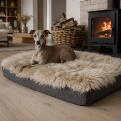 Echtes Schaffell Haustierbett. Langhaariges orthopädisches Hundebett - Groß, Oyster